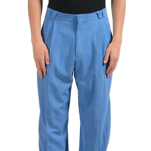 Versace Men's 100% Wool Blue Pleated Dress Pants